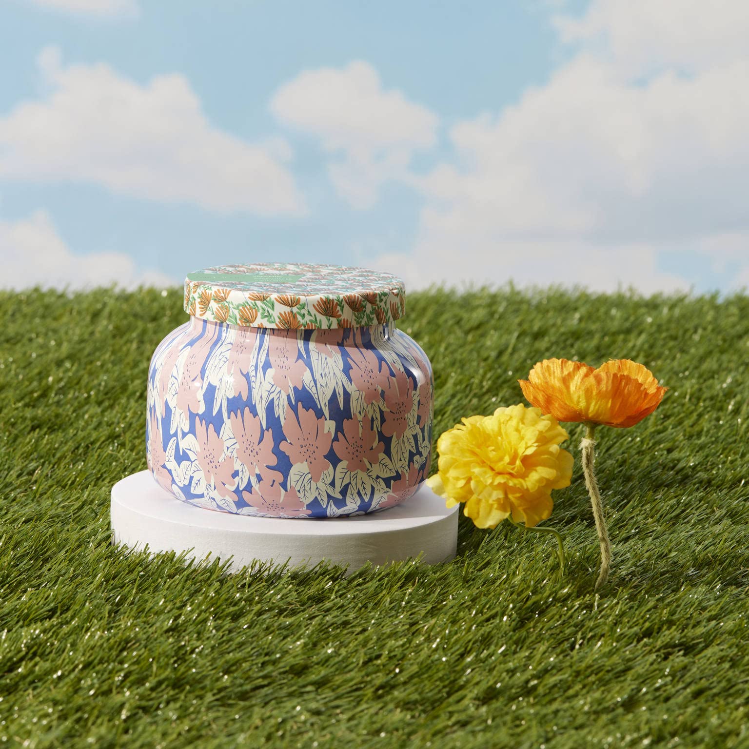 Capri Blue Pattern Play jar design closeup highlights vibrant motifs and decor-ready appeal.