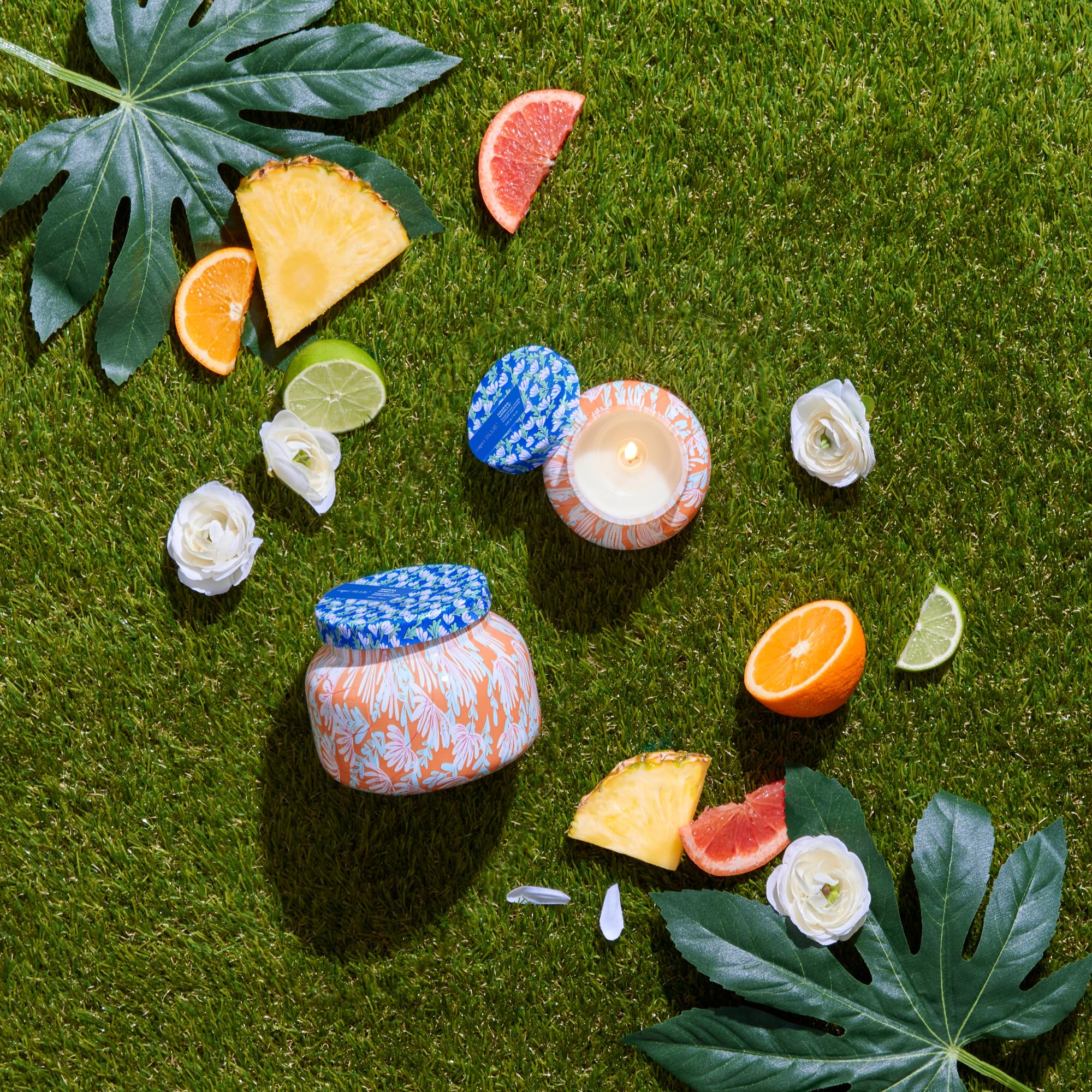 Close-up of Pattern Play patterns blending fashion-inspired prints with Capri Blue fragrance.