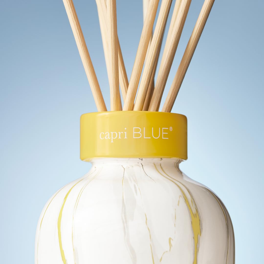 Capri Blue sunburst yellow accent complements modern bedrooms.