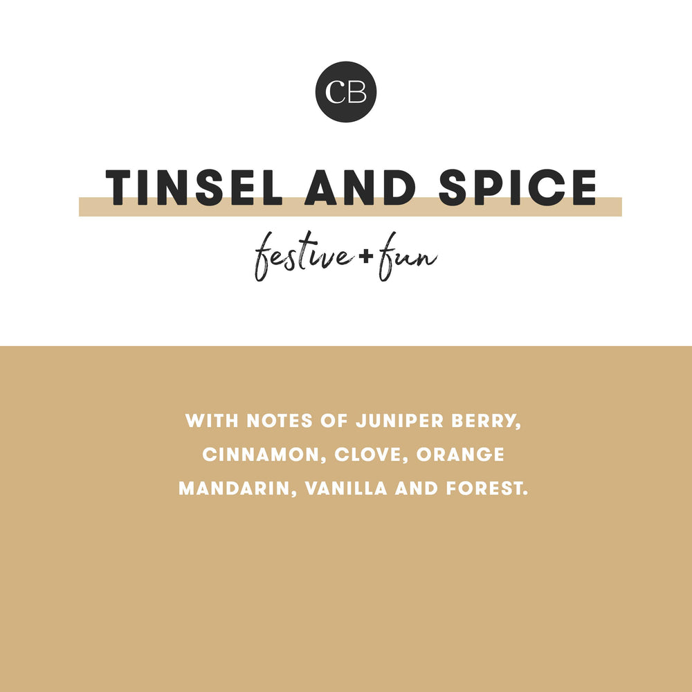 Capri Blue Tinsel Spice refill image highlighting holiday-inspired notes.