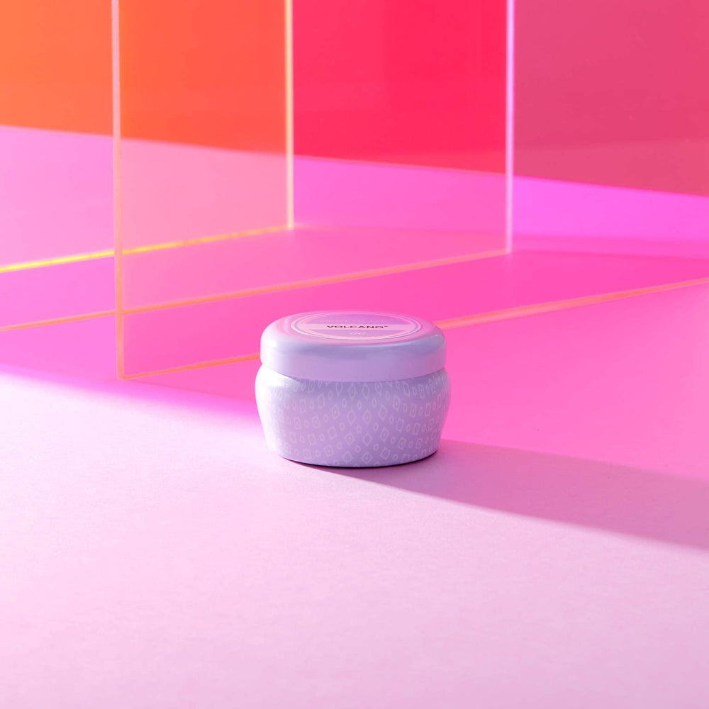 Capri Blue Volcano lavender mini tin candle close-up label, premium aroma on the go.