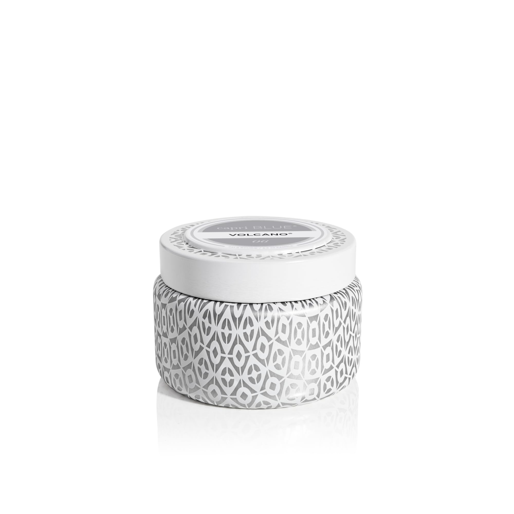Capri Blue Volcano travel tin white jar for travel-friendly fragrance anywhere you go.