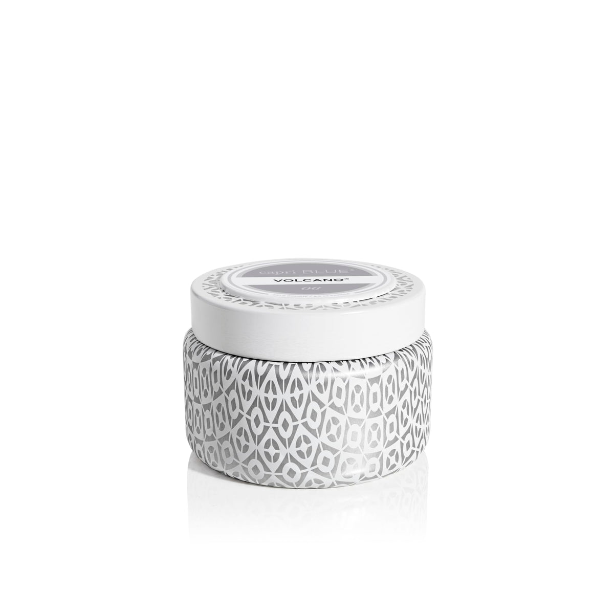 Capri Blue Volcano travel tin white jar for travel-friendly fragrance anywhere you go.