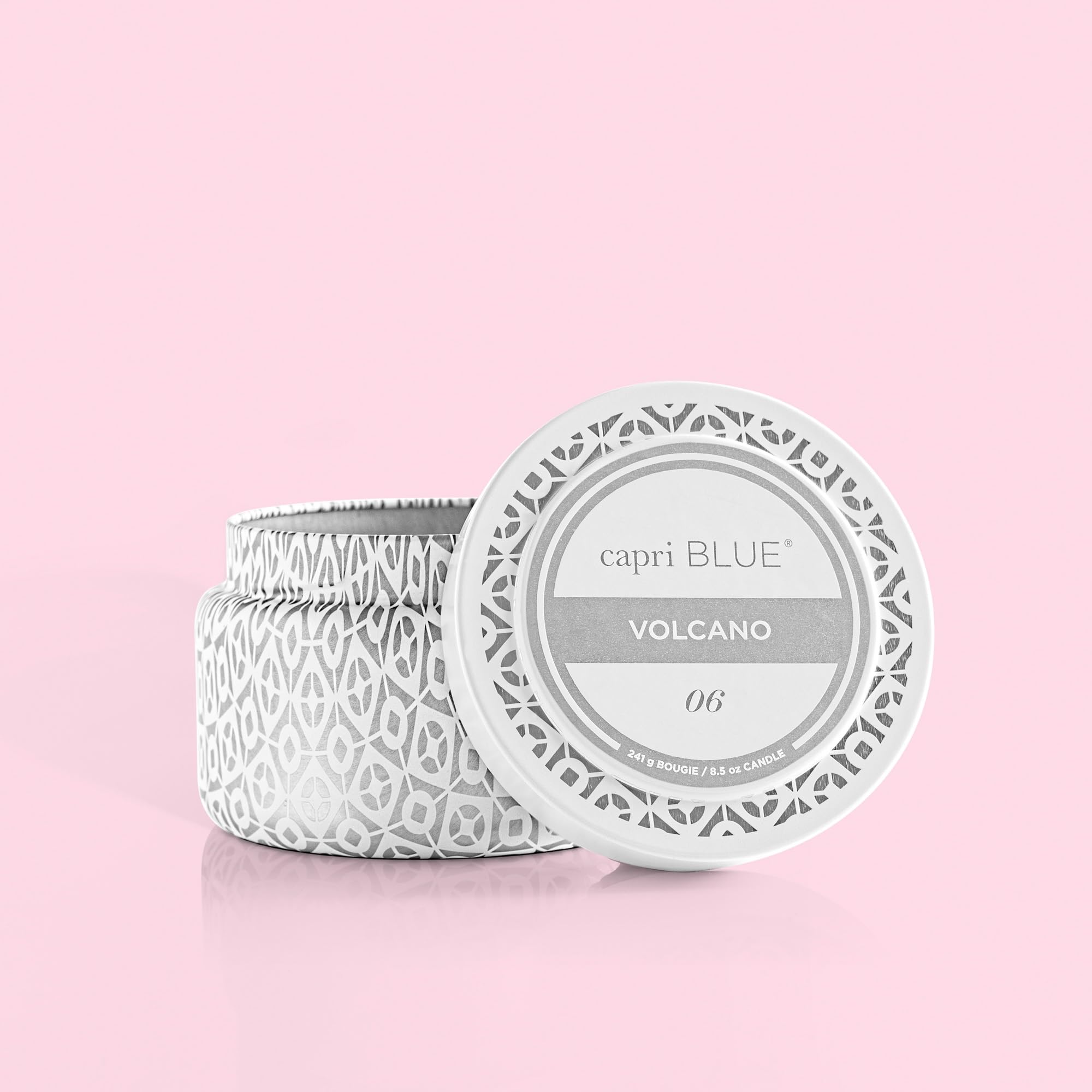 Capri Blue Volcano travel tin close-up shows white and silver design adding luxe ambience.