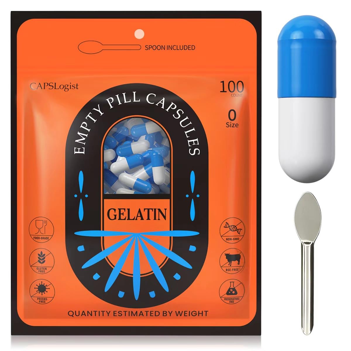 CapsLogist empty size-0 capsules in blue and white for DIY supplement filling.