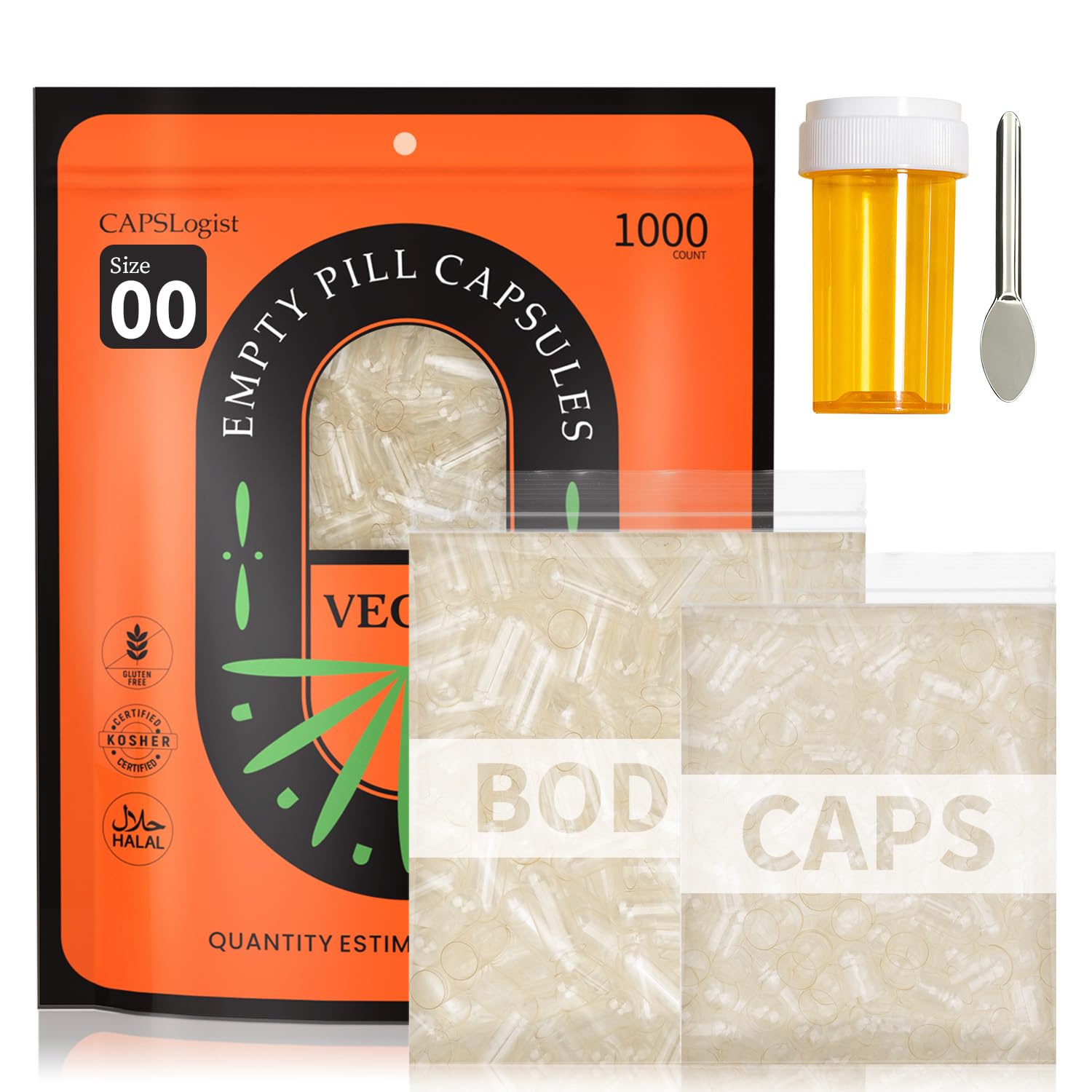 CapsLogist size 00 vegan capsules in a bottle for easy filling and storage