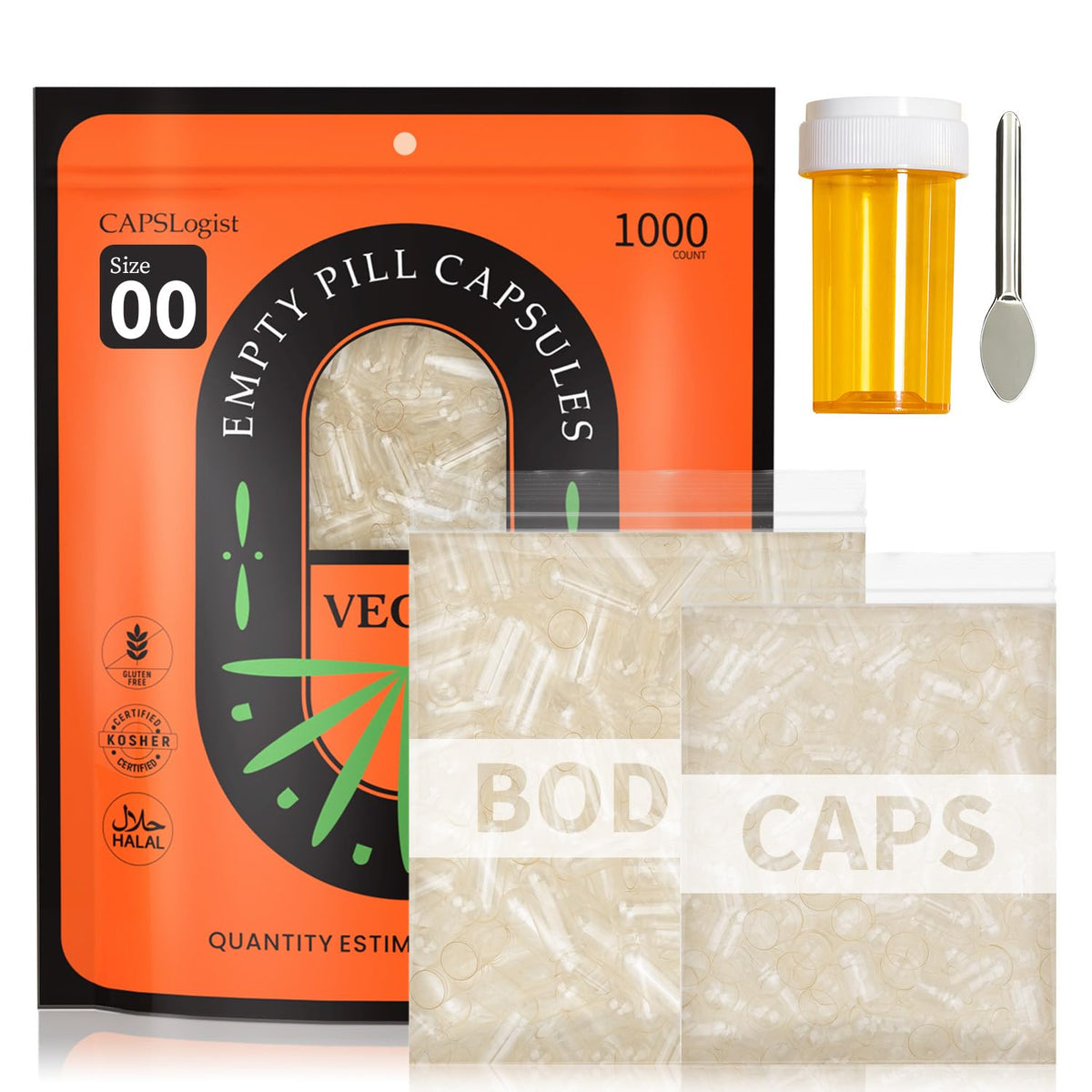 CapsLogist size 00 vegan capsules in a bottle for easy filling and storage