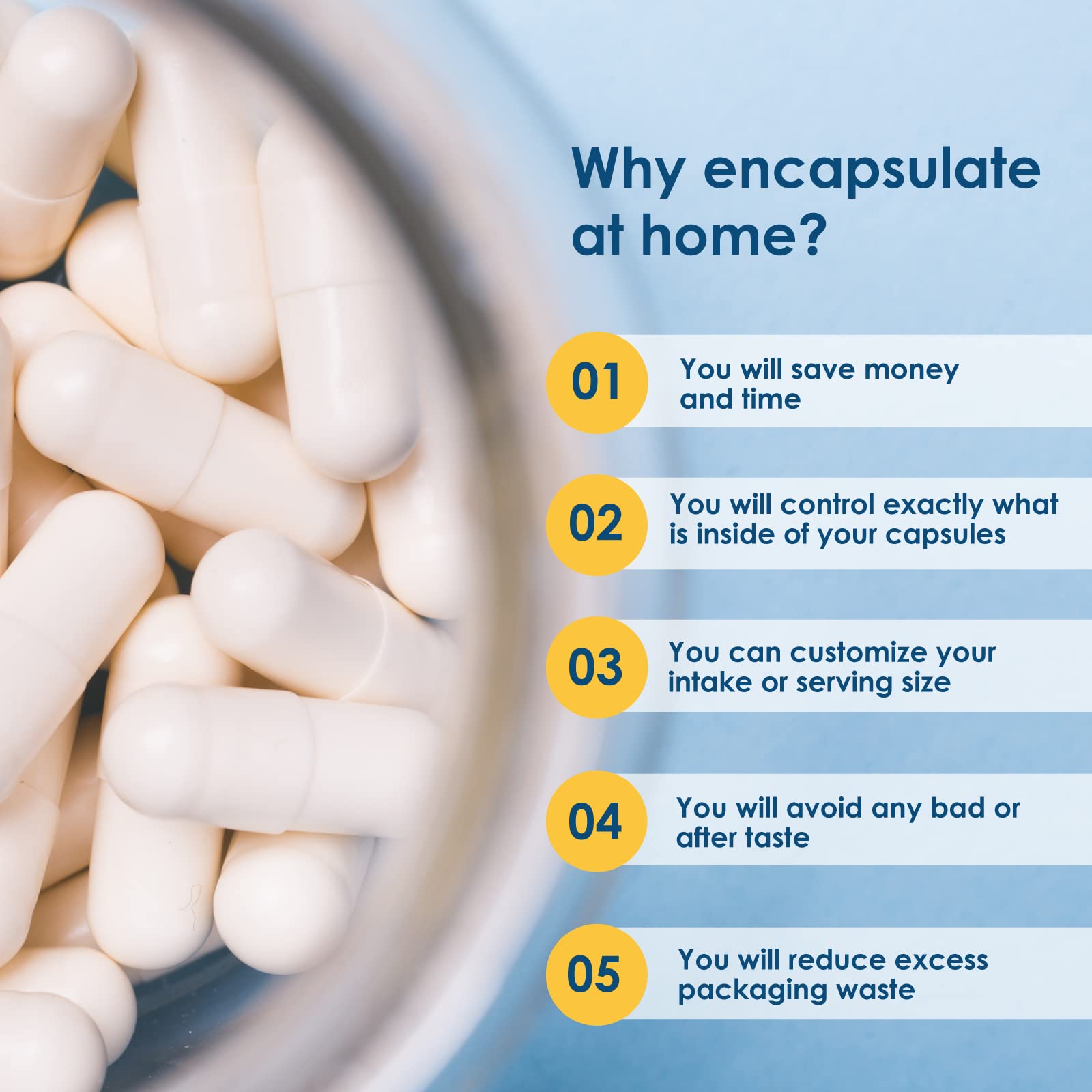 Capsuline capsules stored in a dust-free container protecting contents.