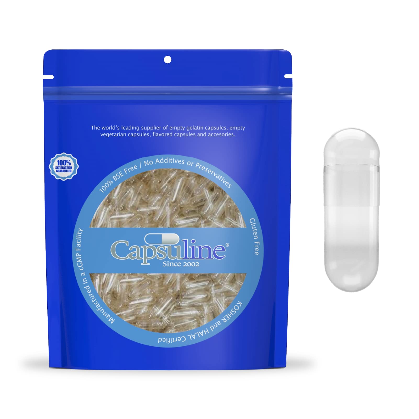 Capsuline size 000 empty capsules clear 500 count – front view for DIY filling.