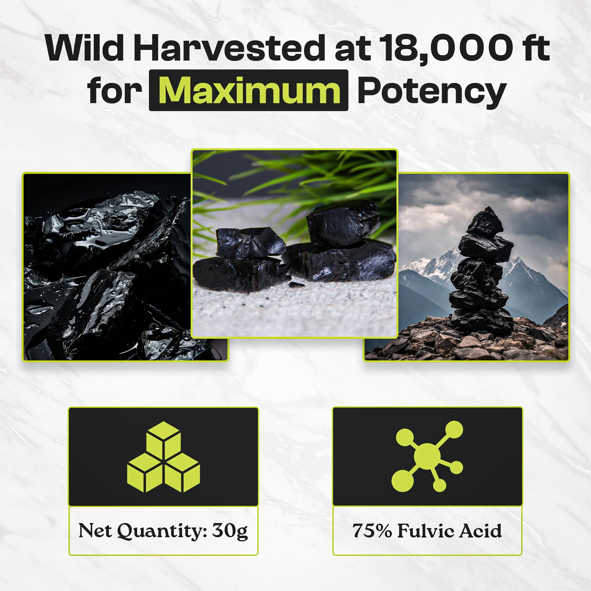 Caracal Cove shilajit resin close-up highlighting 75% fulvic acid content.