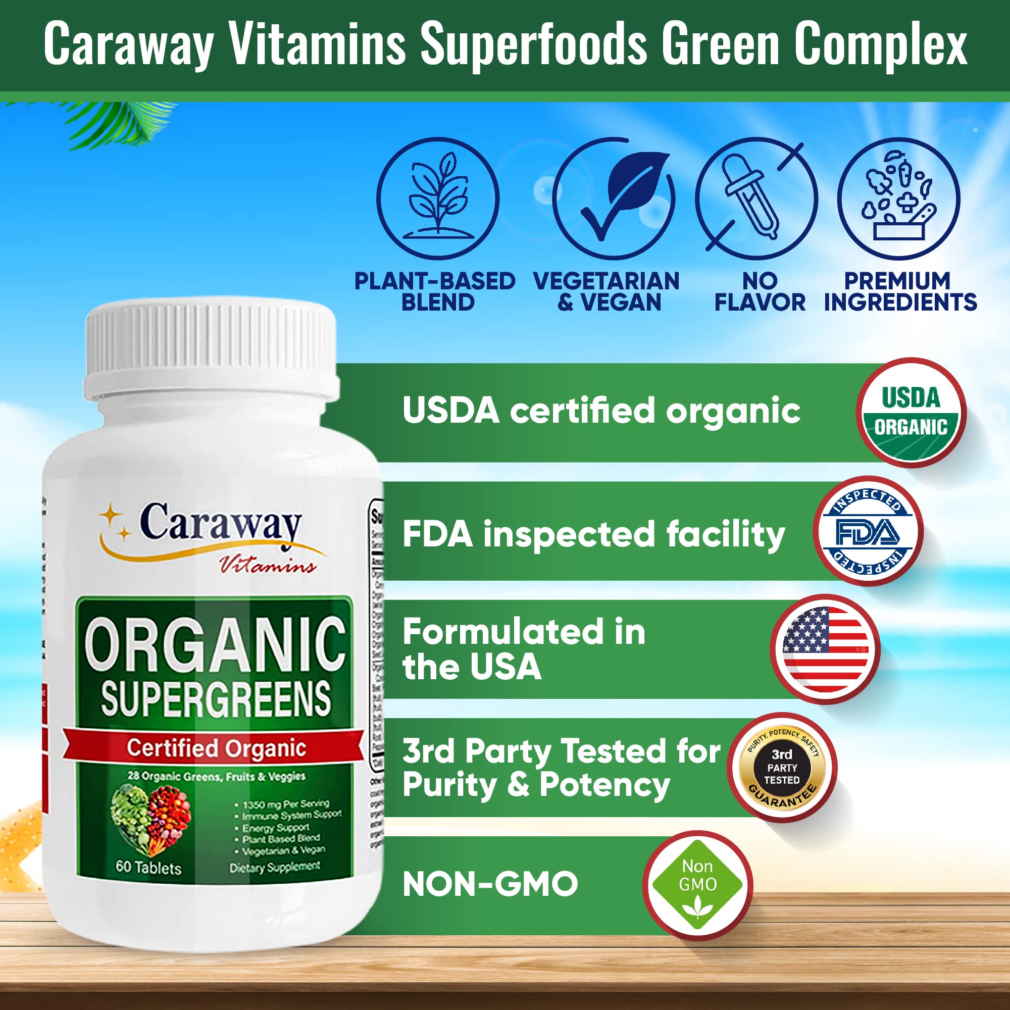 Caraway Vitamins Organic label close-up emphasizes USDA Organic and non-GMO ingredients