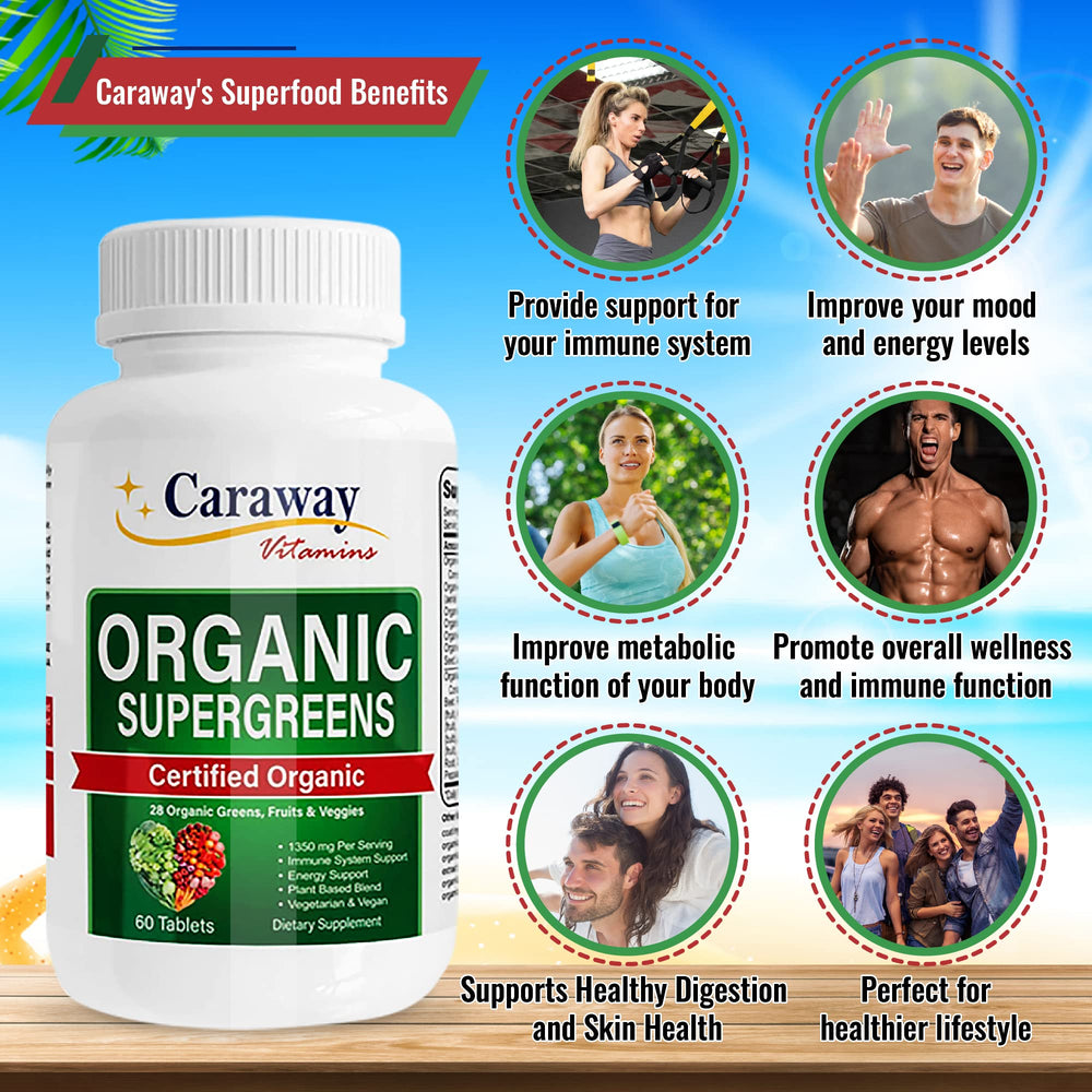 Caraway Vitamins Super Greens bottle with glass conveys convenient daily nutrition