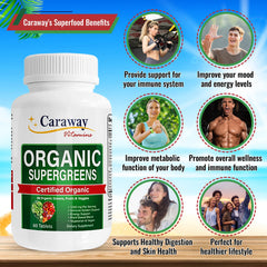 Caraway Vitamins Super Greens bottle with glass conveys convenient daily nutrition