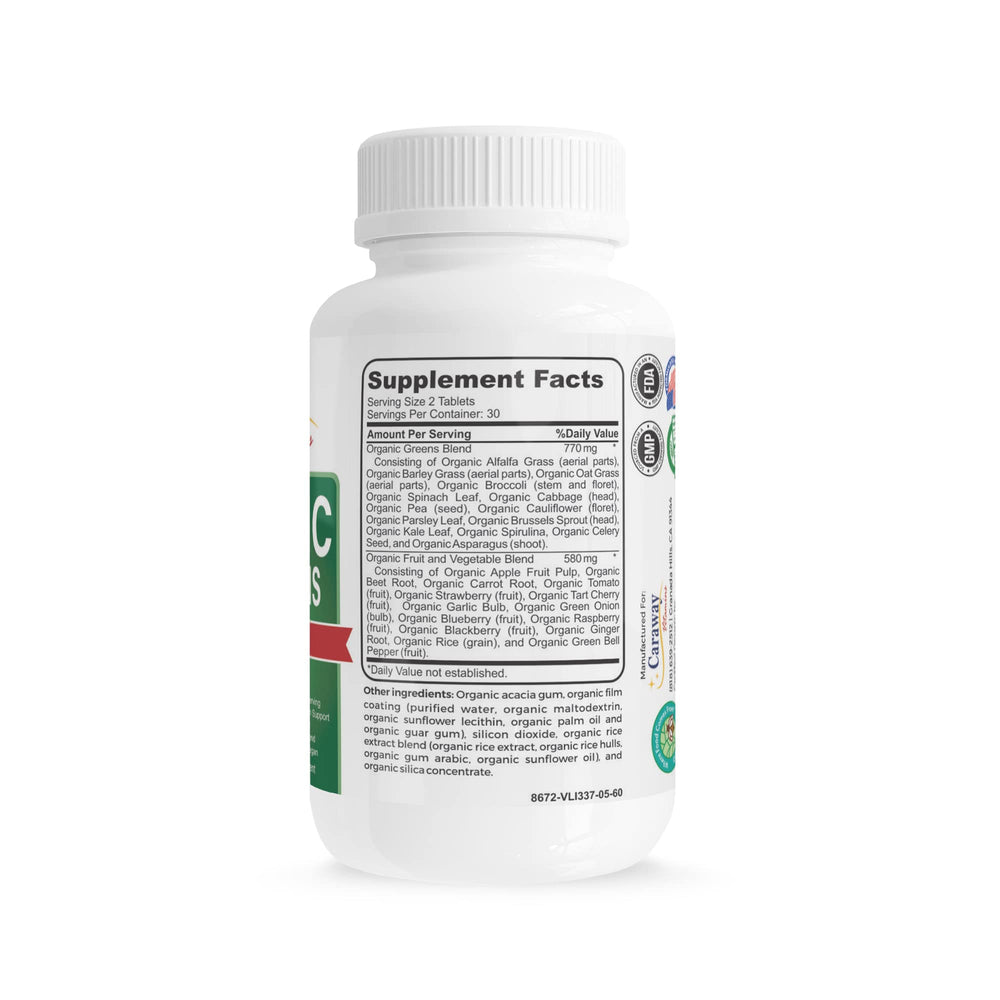 Caraway Vitamins Super Greens ingredients panel highlights 28 greens and fruits