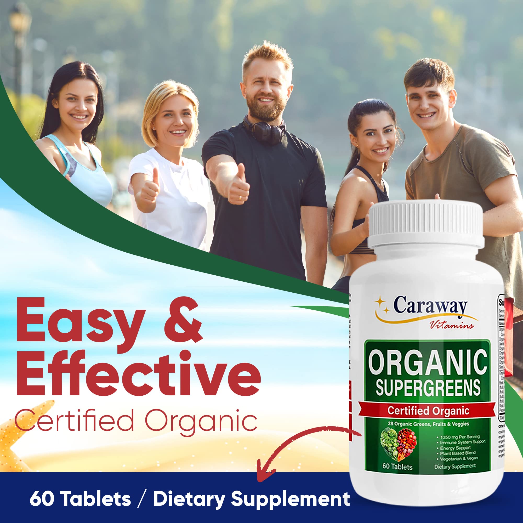 Caraway Vitamins Super Greens non-GMO seal reinforces clean ingredients
