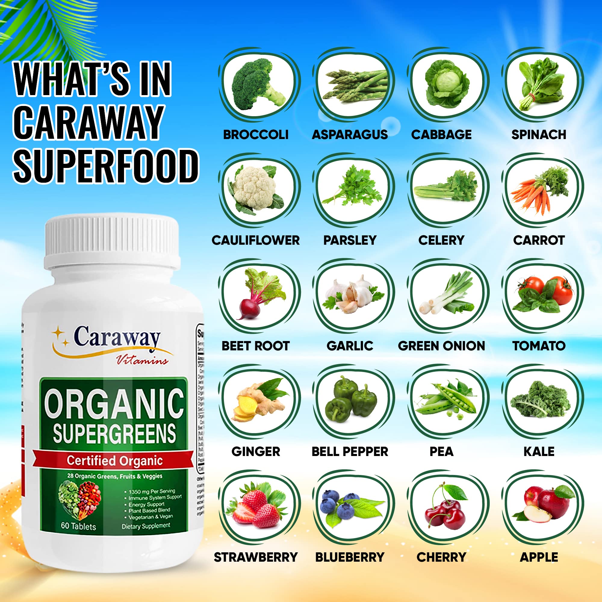 Caraway Vitamins Super Greens tablets close-up showing tablet size for easy daily intake