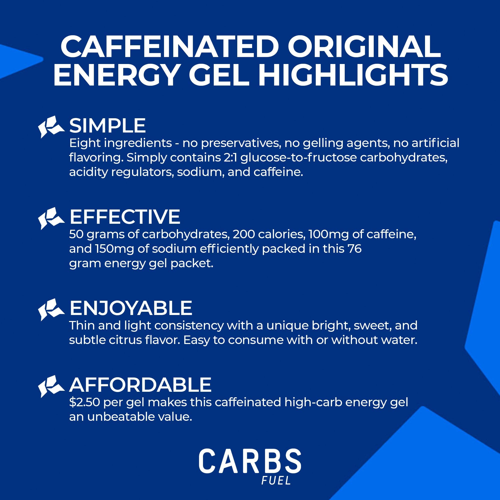 Carbs Fuel caffeinated original energy gel box front view for on-the-go fueling