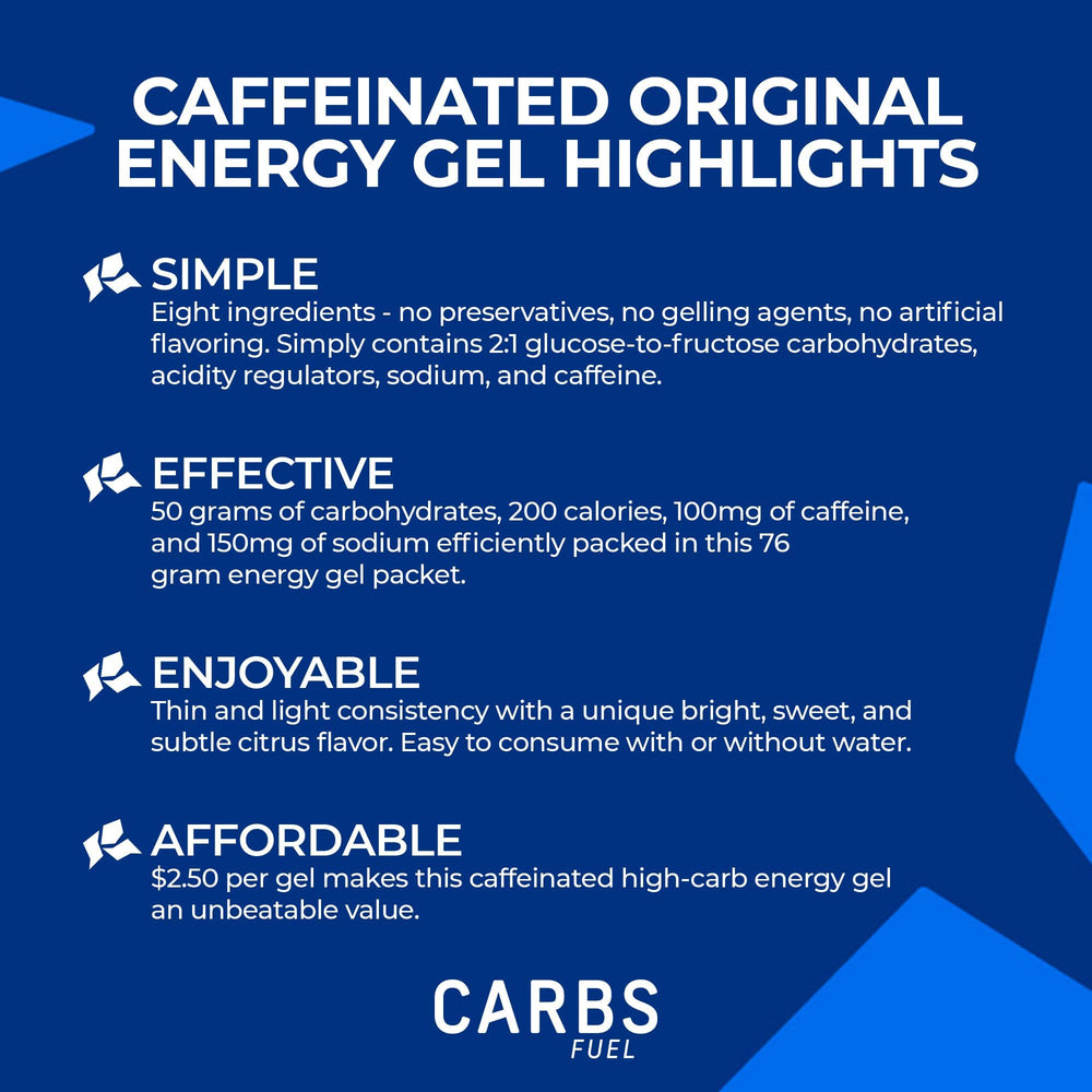 Carbs Fuel caffeinated original energy gel box front view for on-the-go fueling