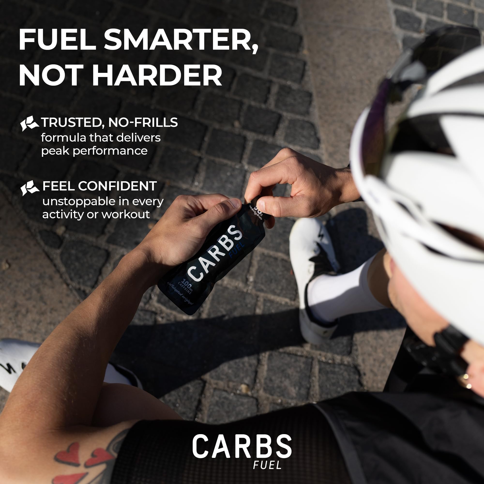 Cyclist using Carbs Fuel caffeinated gel during a ride