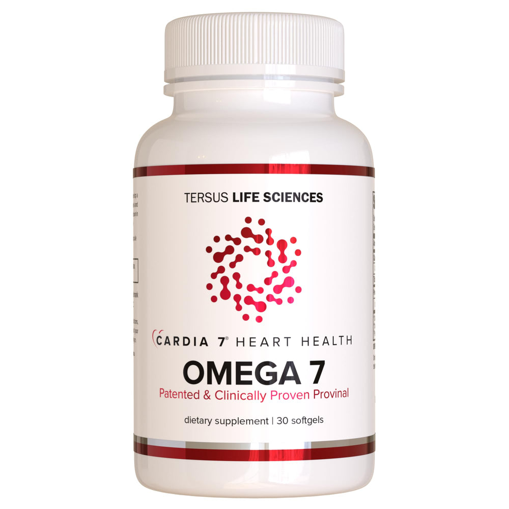 Cardia7 Heart Health Omega-7 softgel bottle front for daily wellness.
