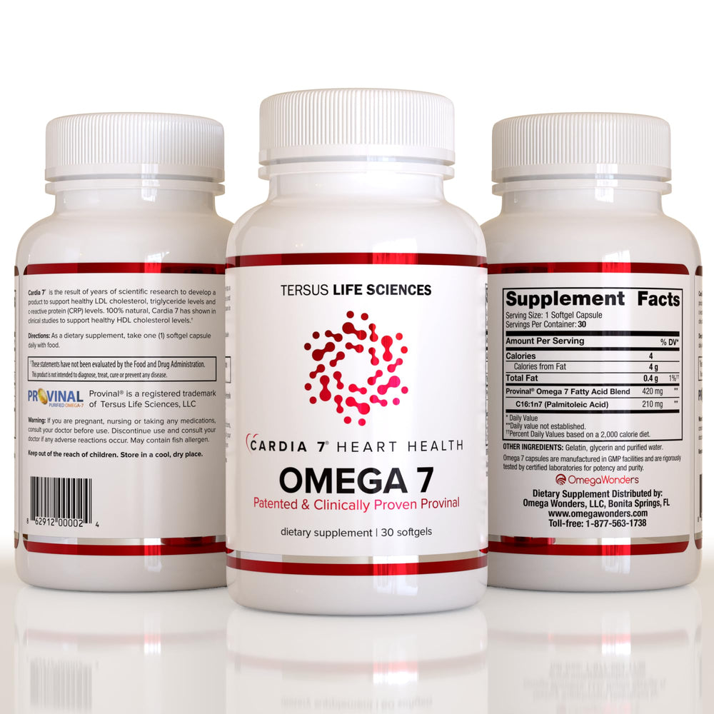 Cardia7 Provinal purified Omega-7 ingredient label close-up.