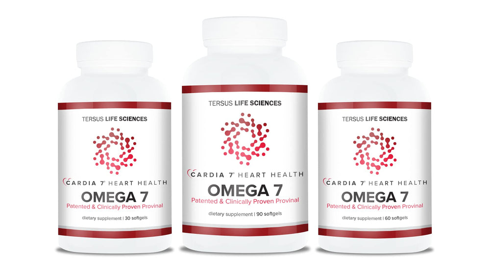 Cardia7 softgel capsules in bottle with no fish taste promise.