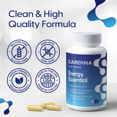 Cardina B12 capsules closeup highlighting small, energy-boosting pills.