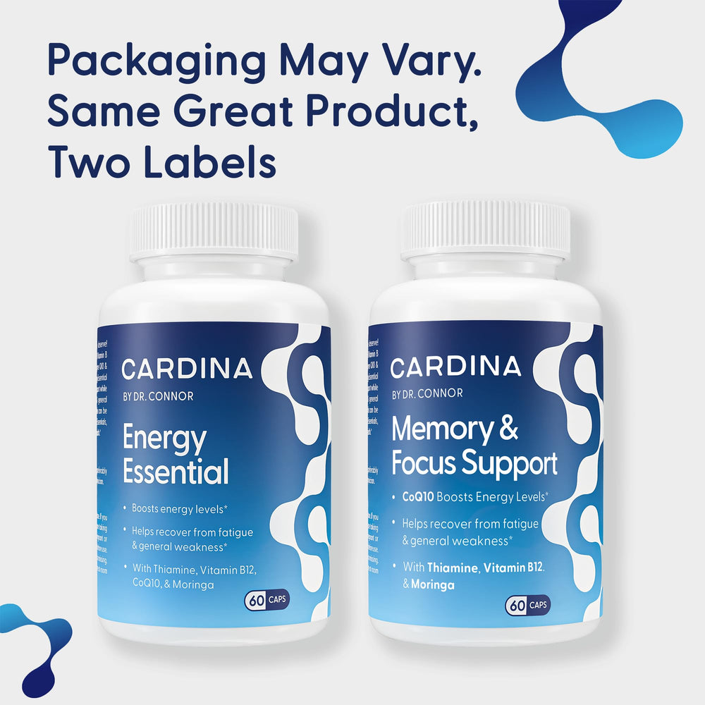 Cardina B12 label closeup showing thiamine and COQ10 in the formula.