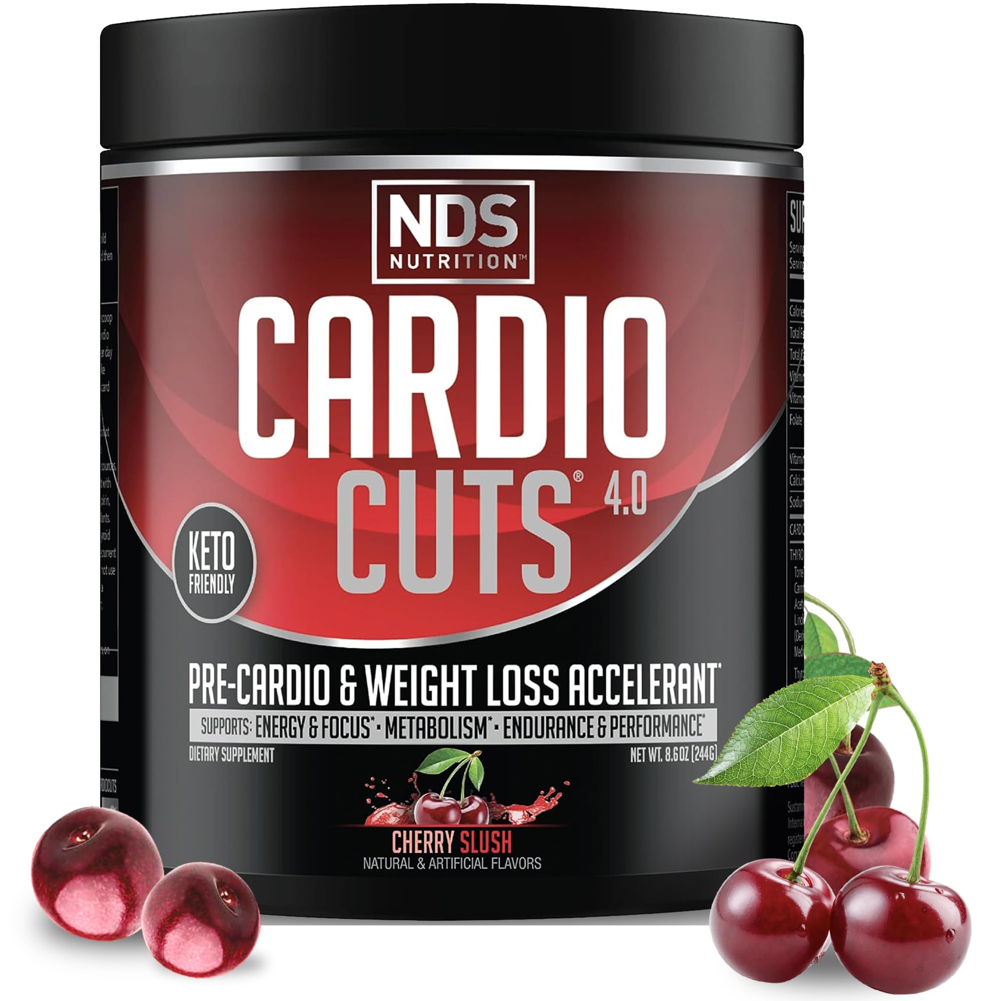 Cardio Cuts Nutrition 4.0 Cherry Slush bottle boosts energy for workouts.