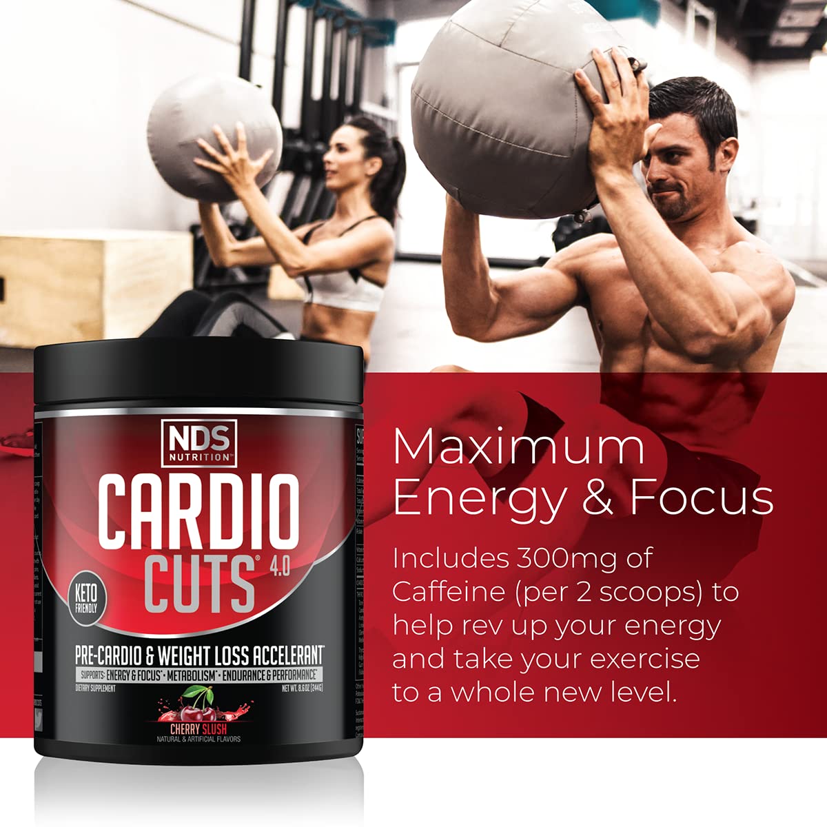 Cardio Cuts Nutrition 4.0 Cherry Slush tub side demonstrates packaging and reliability.