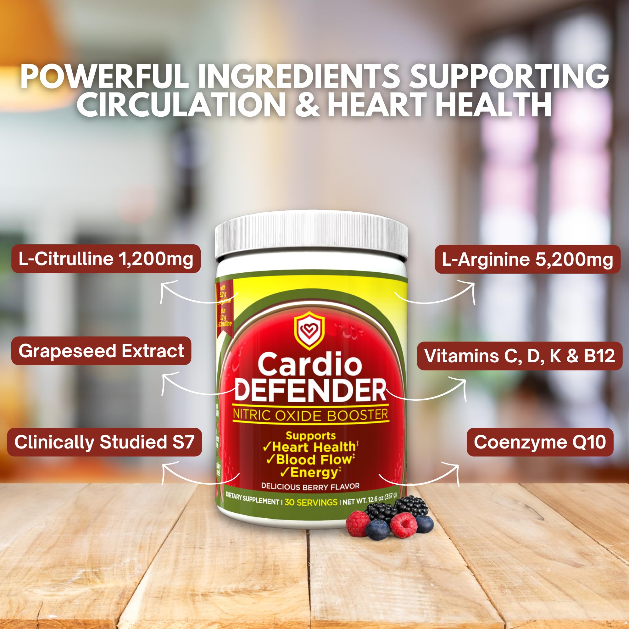 Cardio Defender made-in-USA NSF GMP badge on label signaling quality manufacturing.