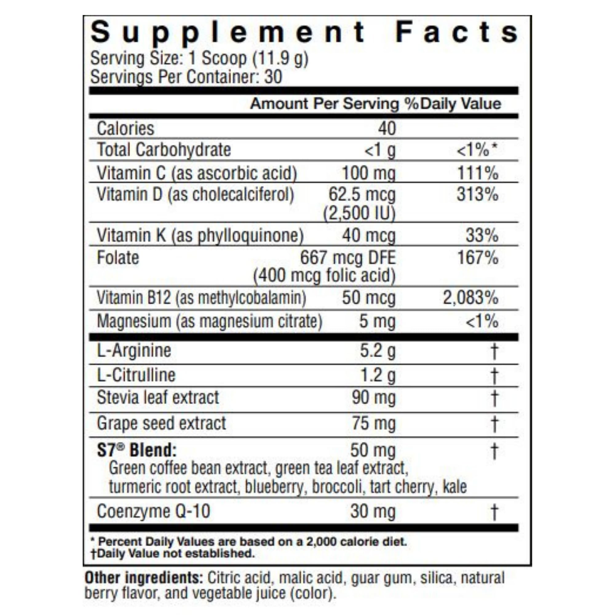 Cardio Defender berry flavor powder scoop shown beside a glass for daily energy.