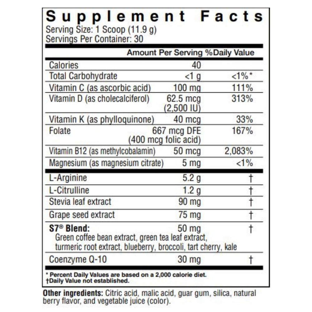 Cardio Defender berry flavor powder scoop shown beside a glass for daily energy.