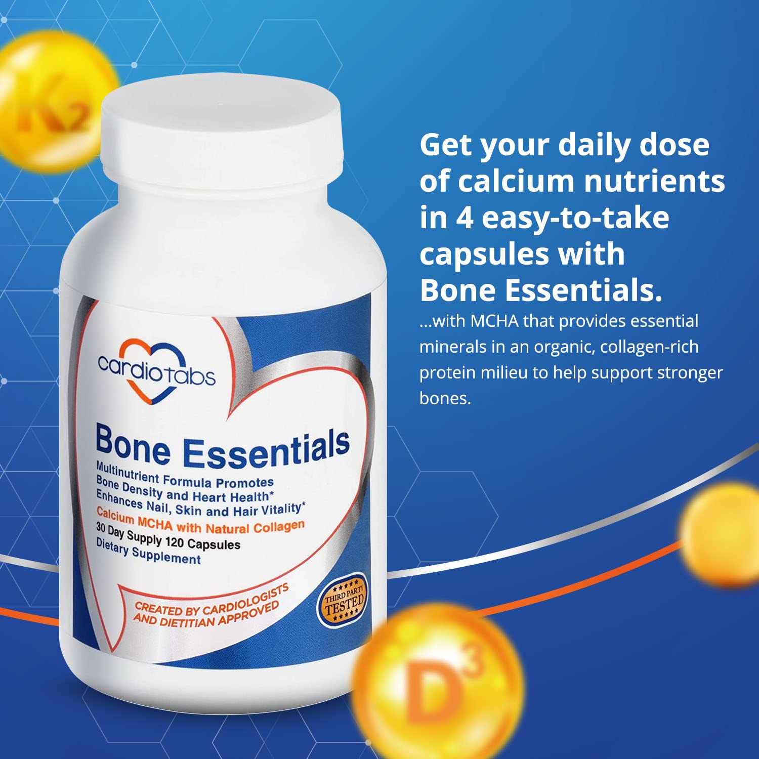 Close-up of CardioTabs capsules highlighting a high-absorption MCHA formula.
