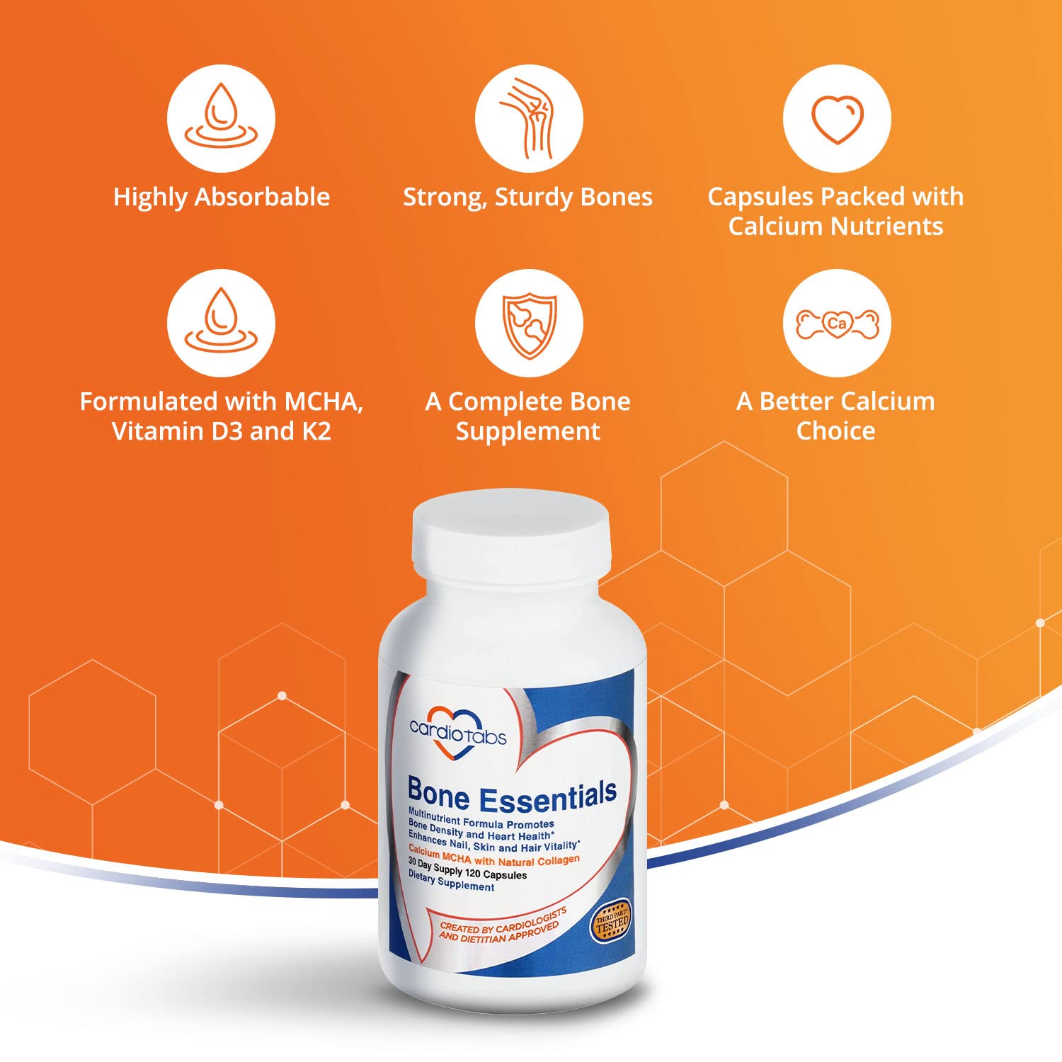 Nutrition facts panel from CardioTabs Bone Essentials label for dose planning.