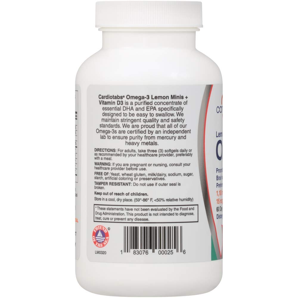 CardioTabs Lemon Minis bottle side highlighting dosage and serving details.
