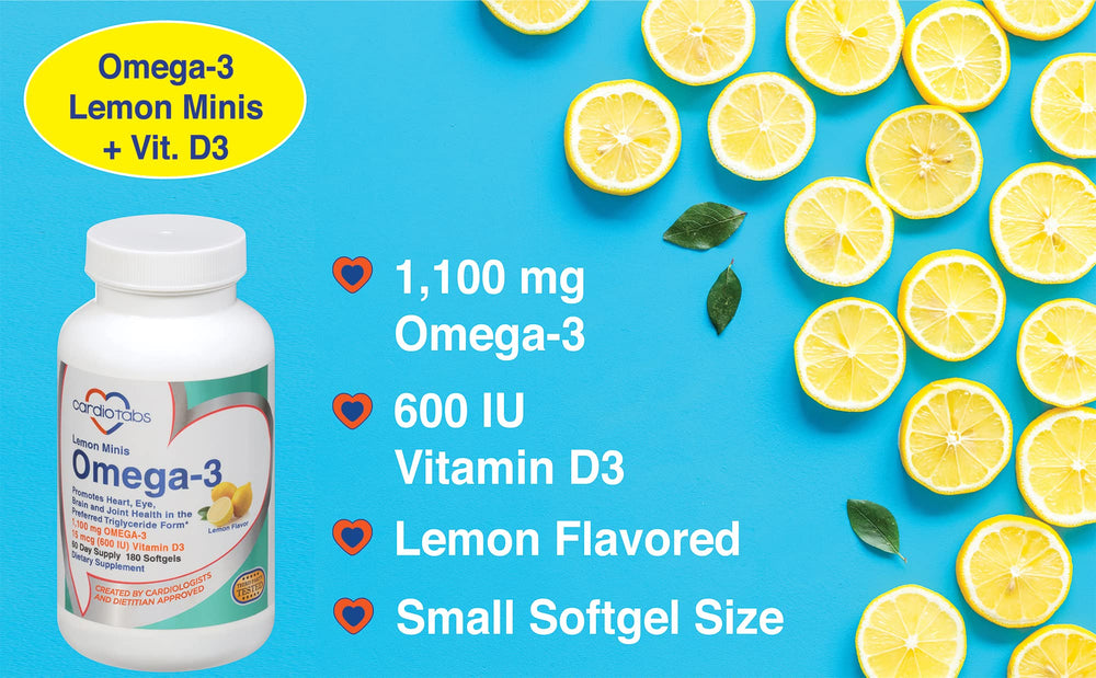 CardioTabs Lemon Minis softgels being poured for convenient daily omega-3 intake.