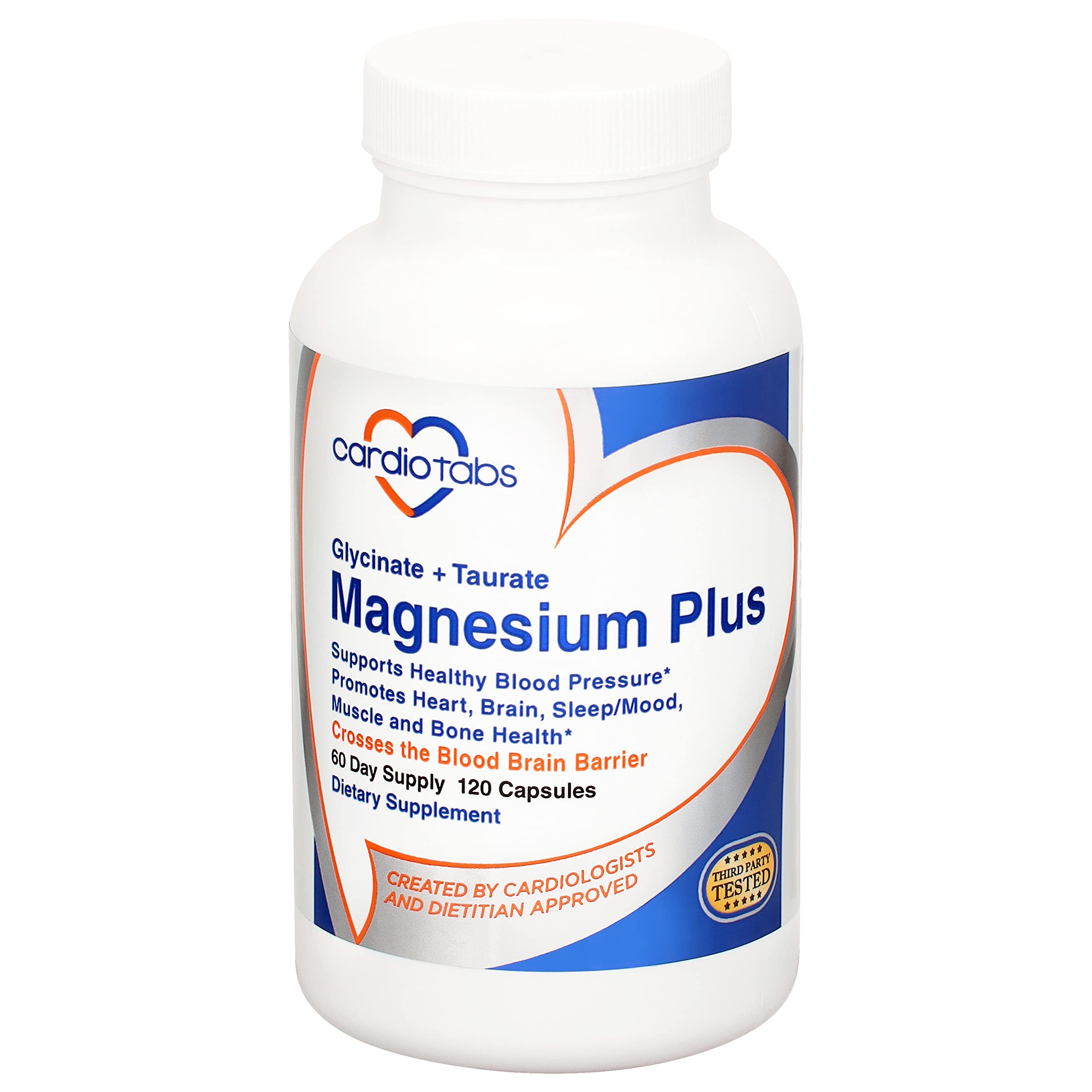 CardioTabs Magnesium Plus bottle front, highlighting a highly absorbed formula.