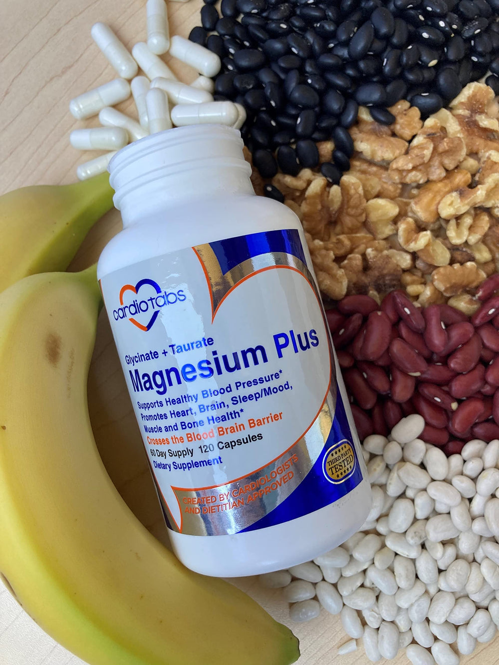 Close-up of CardioTabs Magnesium Plus label with 200 mg magnesium glycinate and taurate.