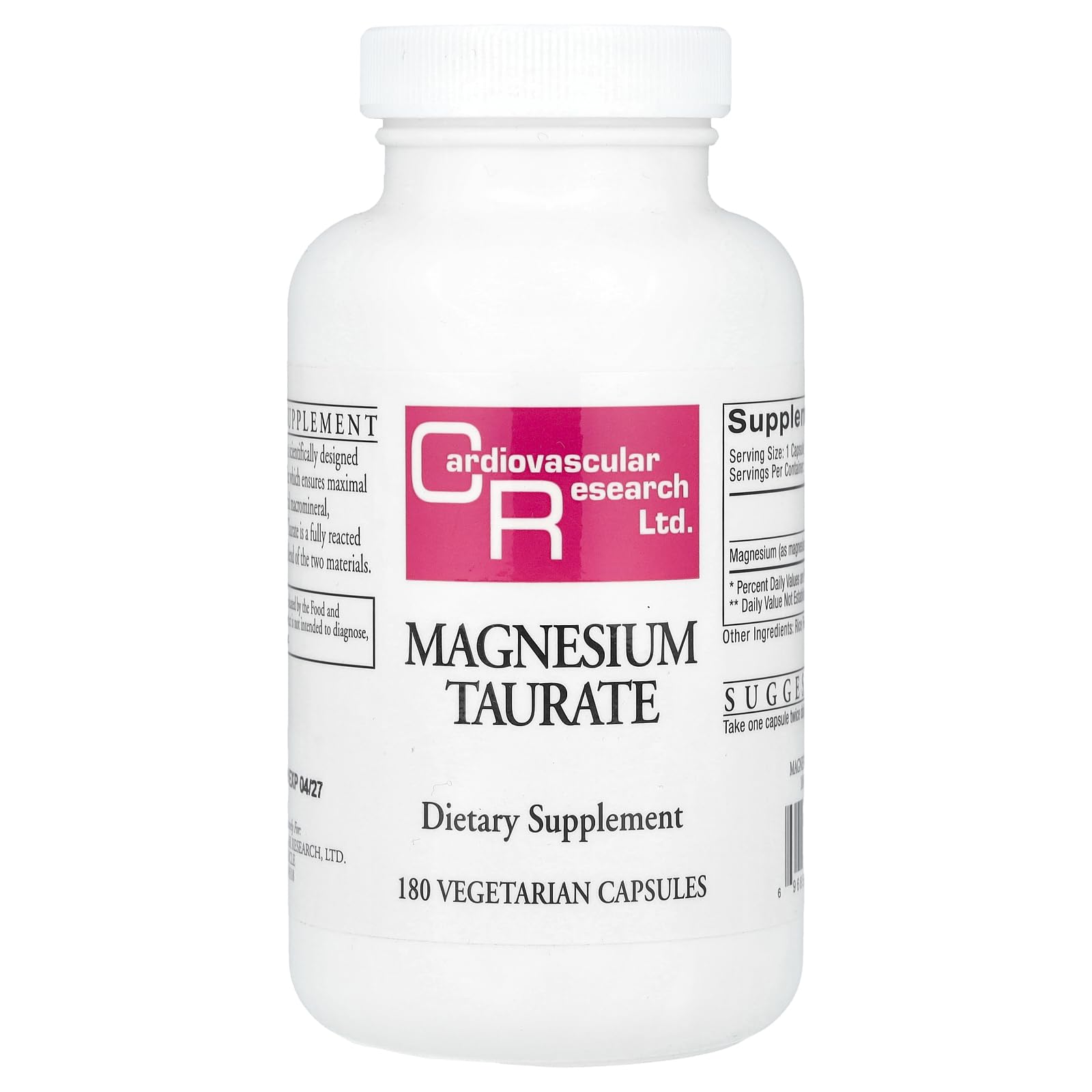 Cardiovascular Research Magnesium Taurate 125 mg bottle close-up for daily supplement use.