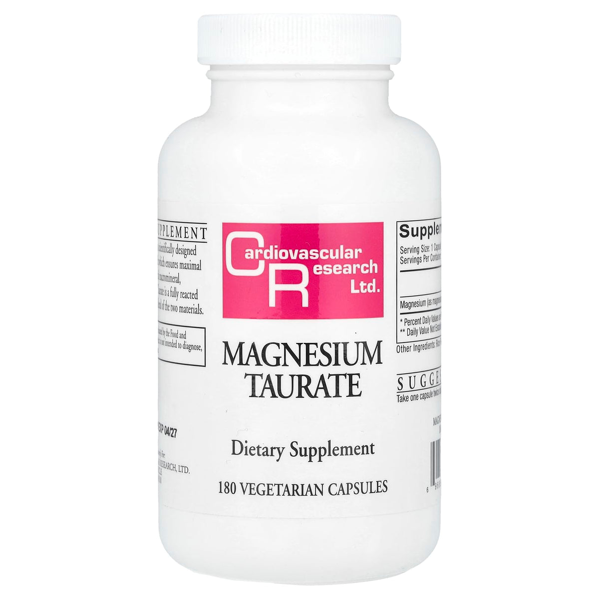 Cardiovascular Research Magnesium Taurate 125 mg bottle close-up for daily supplement use.
