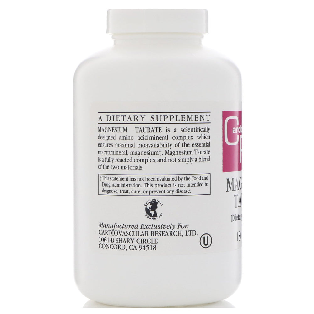 Cardiovascular Research Magnesium Taurate bottle label showing 180 capsules for adults.