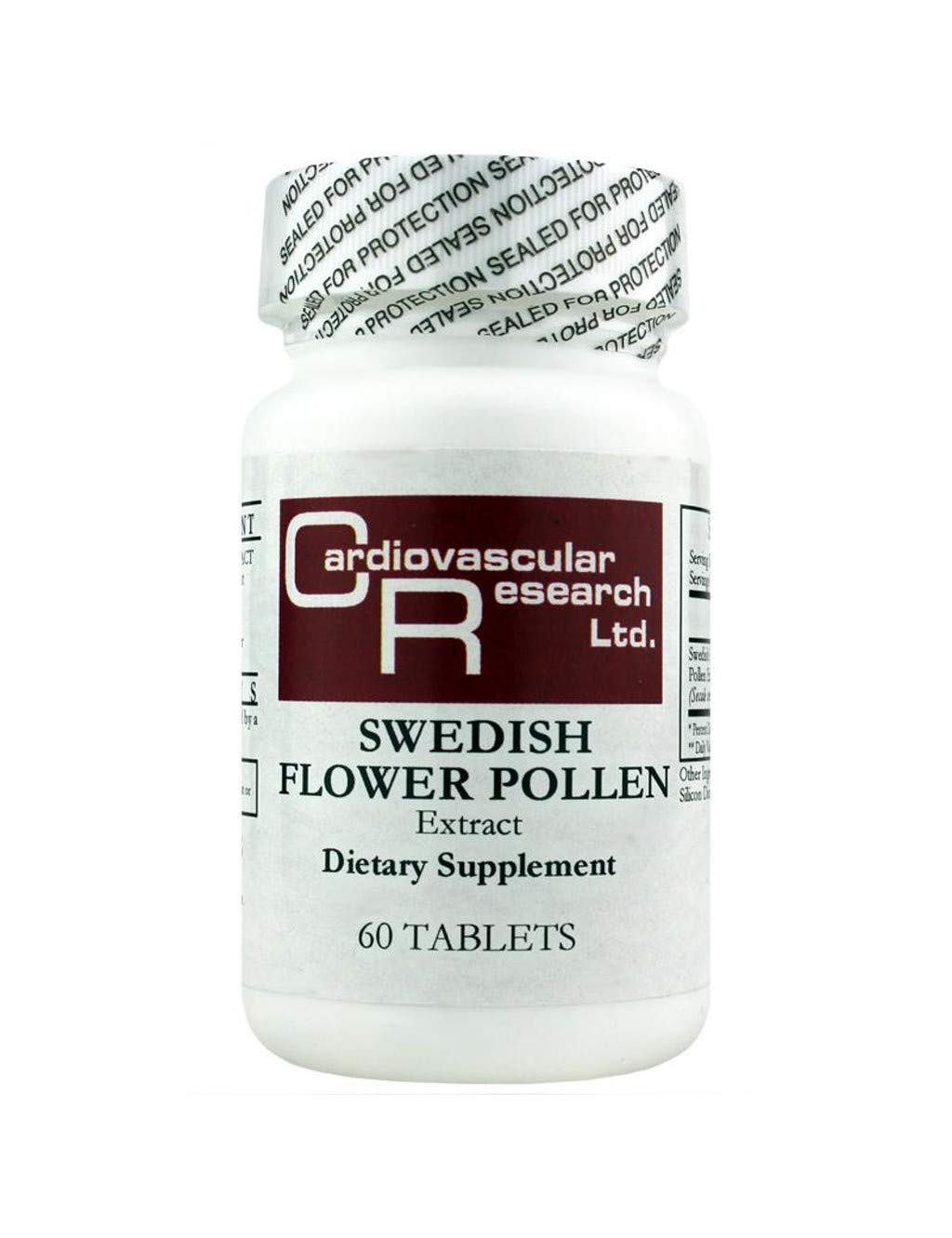 Cardiovascular Research Swedish Flower Pollen Extract bottle highlighting antioxidants and urinary support.