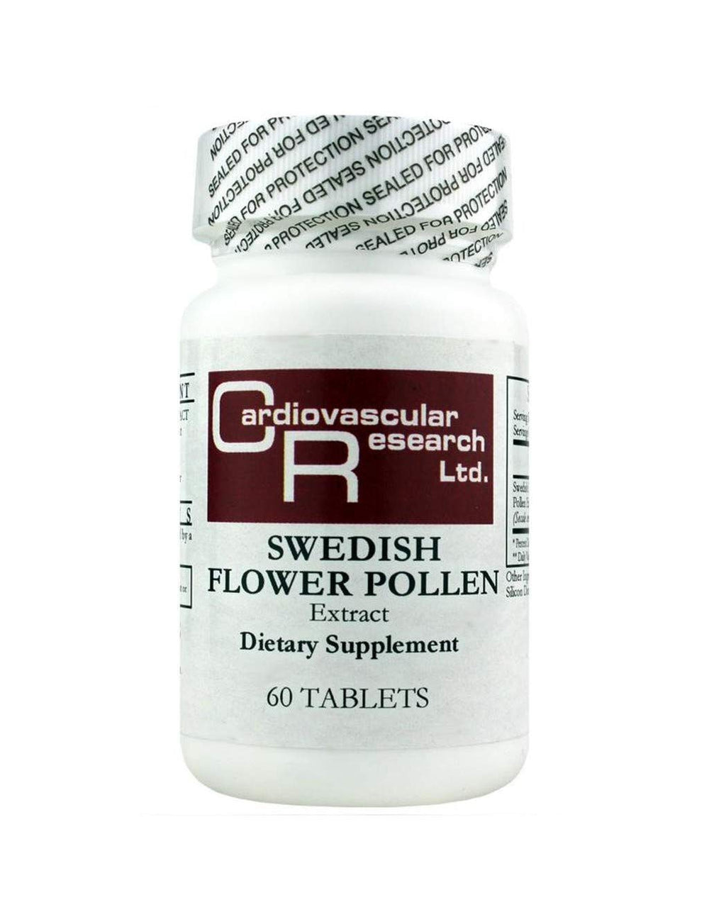 Cardiovascular Research Swedish Flower Pollen Extract bottle highlighting antioxidants and urinary support.