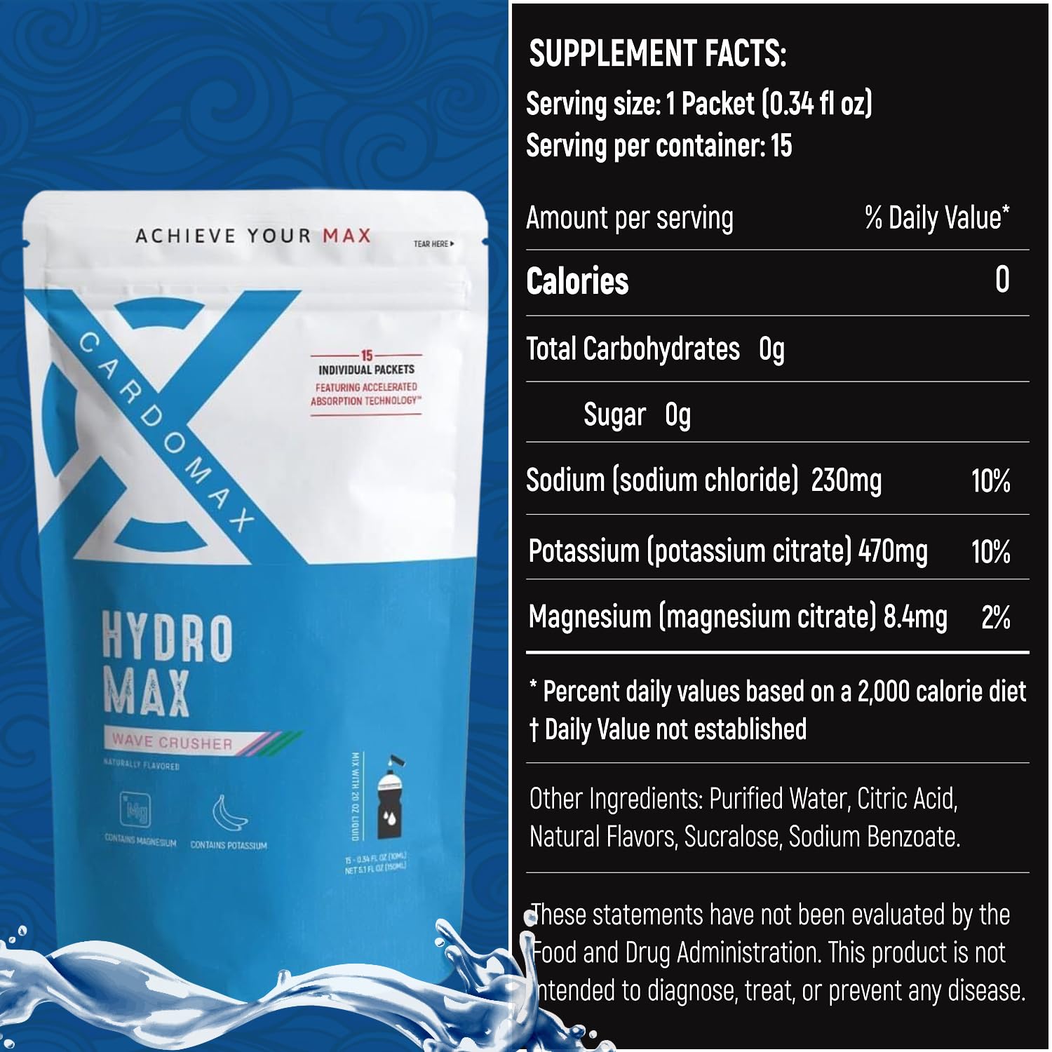 CardoMax Hydromax Wavecrusher packet back showing sugar-free electrolyte blend.