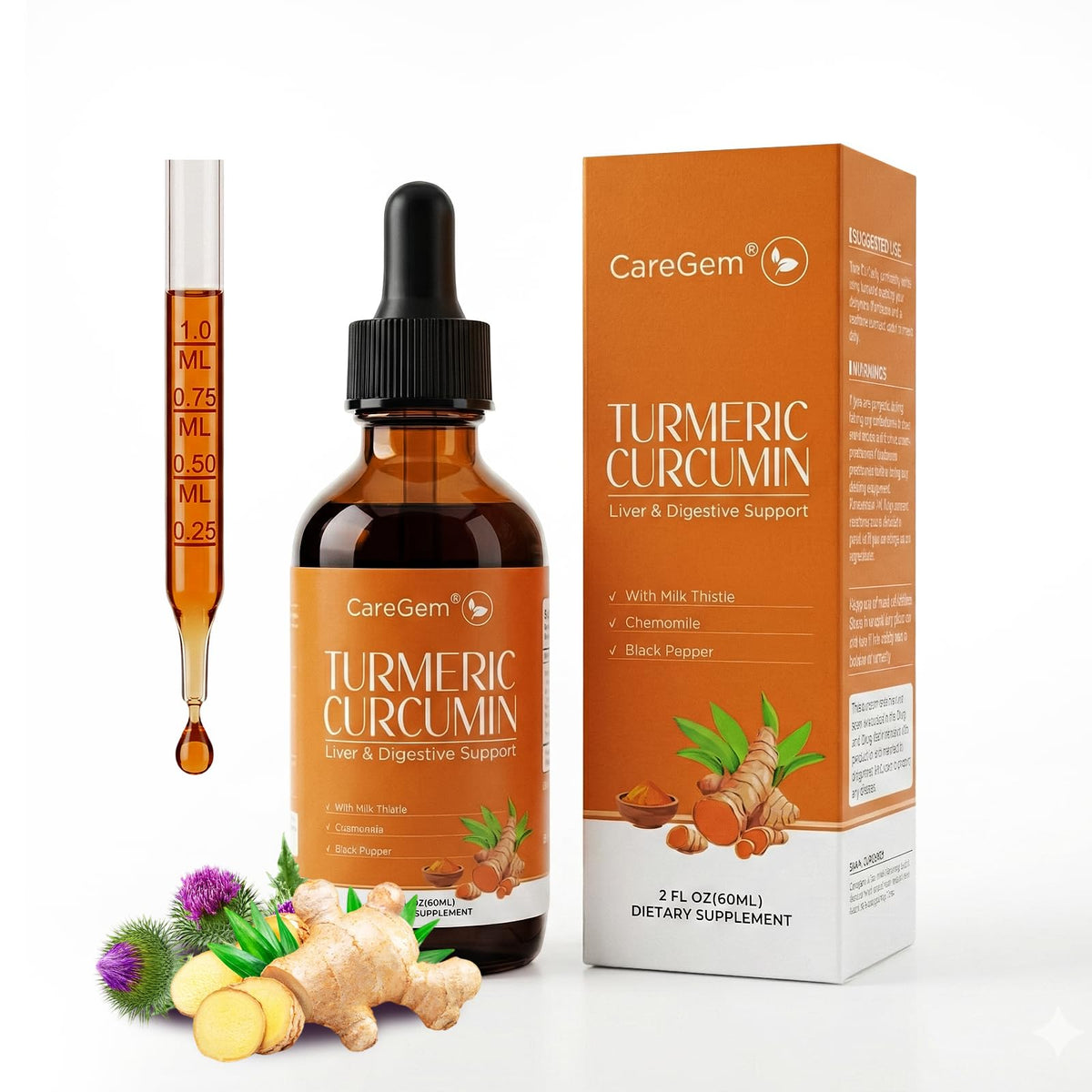CareGem Turmeric Drops bottle shows high-absorption herbal blend for daily wellness.