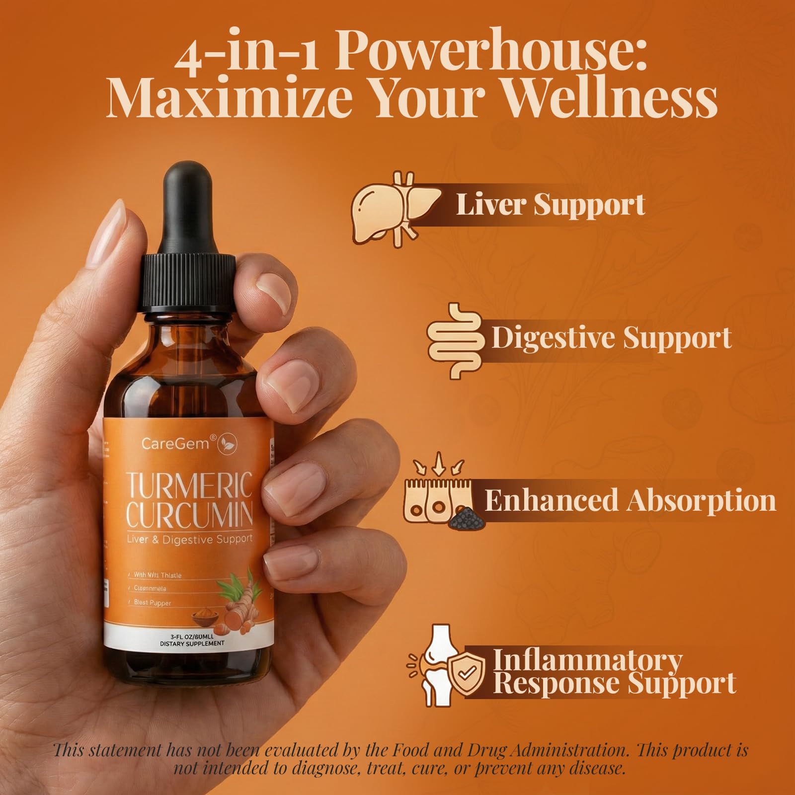 CareGem Turmeric Drops orange flavor label highlights tasty digestion support.