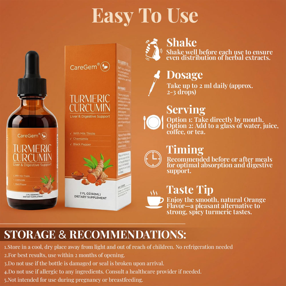 CareGem Turmeric Drops packaging image showcases 2 oz bottle for on-the-go wellness.