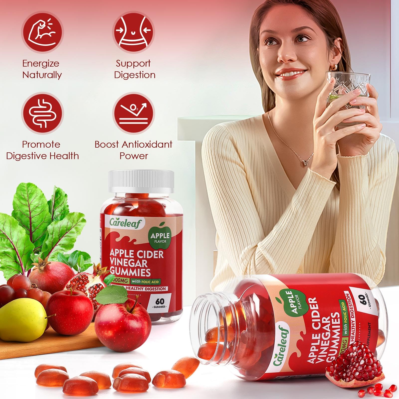 CareLeaf Apple Cider Vinegar Gummies ingredients on the label for transparency
