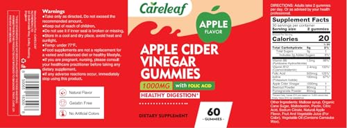Close-up of CareLeaf ACV gummies label on bottle for credibility and taste
